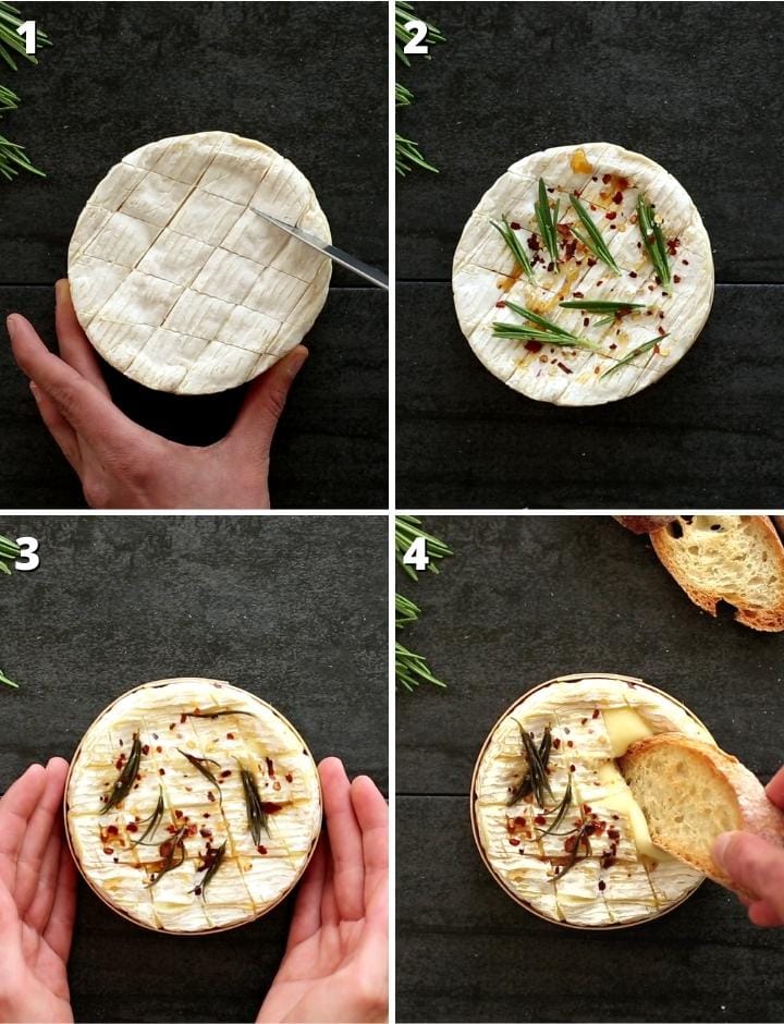 how to bake camembert collage of the 4 steps.