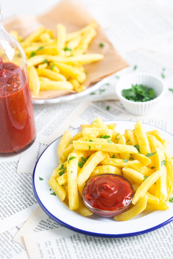 Homemade ketchup with french fries.