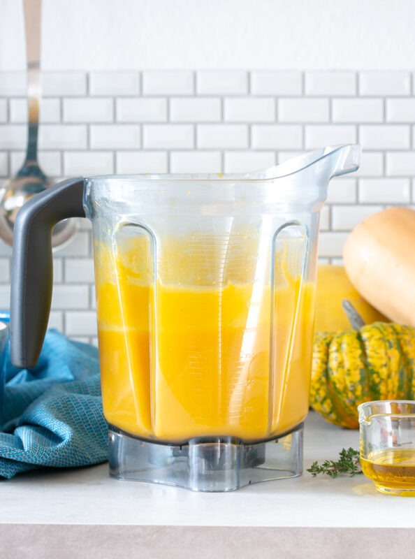 butternut squash recipe step 3: soup pureed in the jug of a large blender