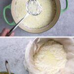 image collage featuring on the top image of pot and slotted spoon collecting curds for ricotta, and image below featuring ricotta draining on a cheesecloth next to the pot with curds and slotted spoon. Image optimized for Pinterest