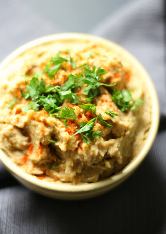 baba ganoush hummus topped with cilantro