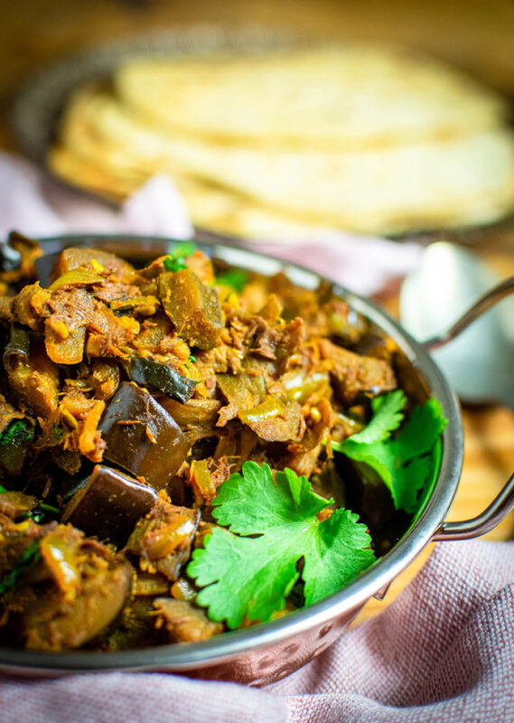 Indian Brinjal Bhaji served in a traditional metal dish