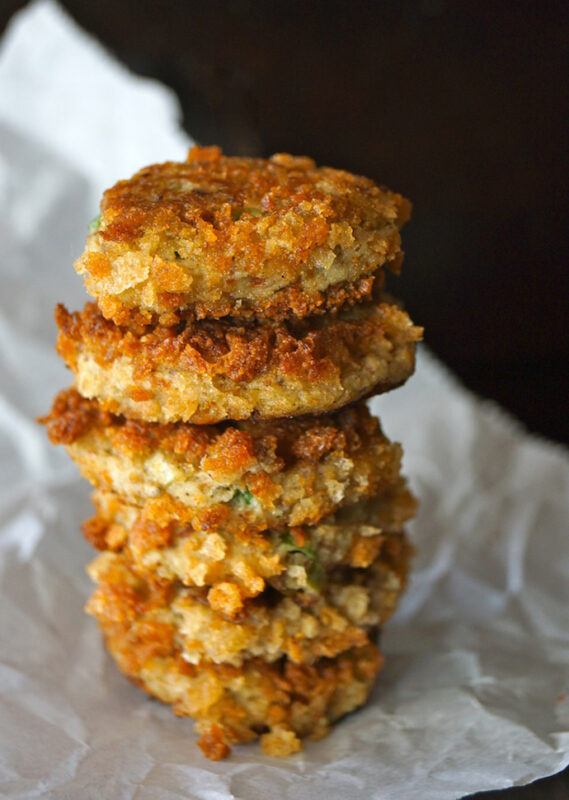 stack of eggplant cakes on baking paper