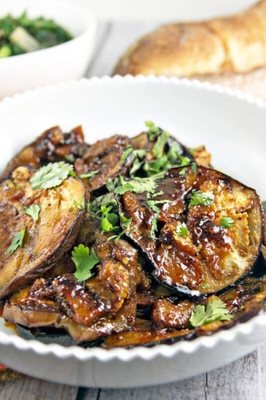 moroccan honey glazed eggplant in a dish