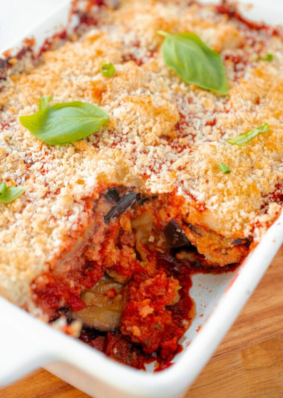 vegan eggplant parmesan in a rectangular baking dish.