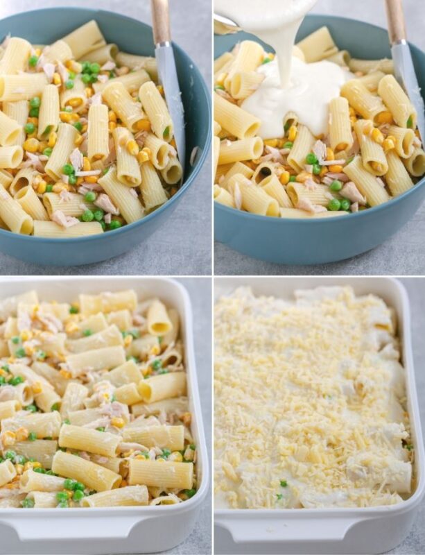 recipe method step 3: collage of 4 images shows pasta mixed with tuna, sweetcorn and peas in the first image, white sauce added into the pasta mix in the second image, prepared pasta transferred in a baking dish in the thrid image, pasta topped with cheese and remaining white sauce in the fourth image.