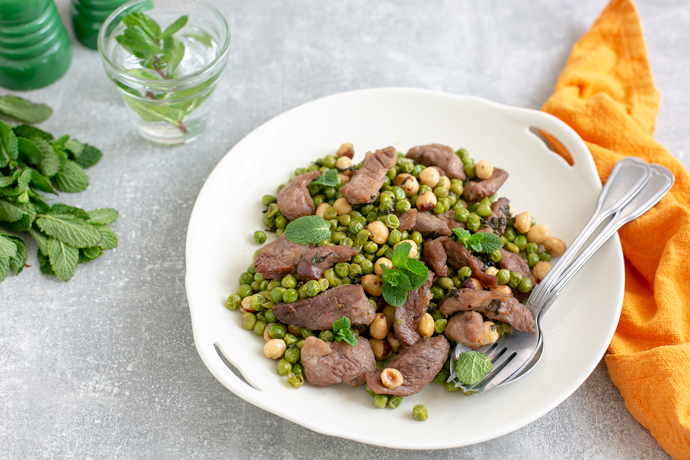 Air Fryer Mint Lamb with Toasted Hazelnuts and Peas