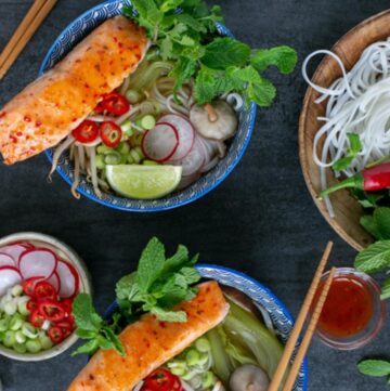 easy pho soup served into bowls.