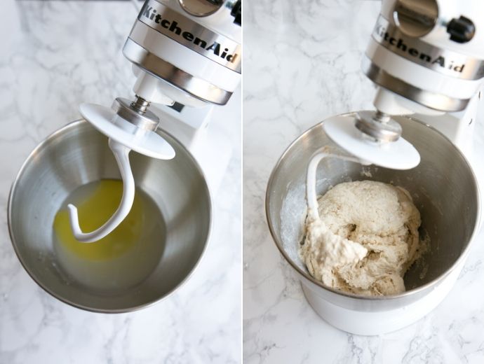 collage of 2 images showing step 1 and 2 of the homemade pizza dough recipe.