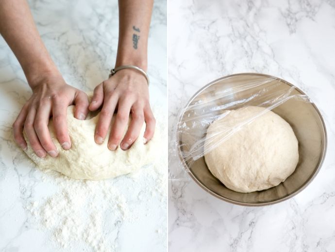  recipe step 3 and step 4: hands kneading the dough in the first picture, dough in a lightly oilved bowl covered with plastic wrap in the second picture.
