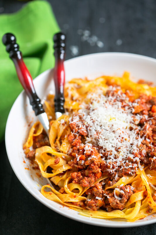 traditional bolognese sauce with tagliatelle pasta