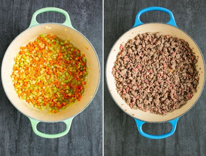 ragu sauce step 1: first image shows soffritto cooking in a large pot, second image shows the beef and pancetta cooking in another pot