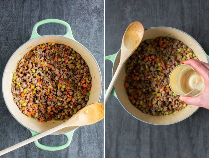 ragu sauce step 2: first image shows veggies and meat cooking in the same pot, second image shows hand pouring in the white wine