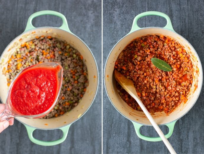 ragu pasta sauce step 3: first image shows hand pouring the tomato sauce into the pot, second image shows the traditional bolognese sauce slowly cooking, with a bay leaf added in.