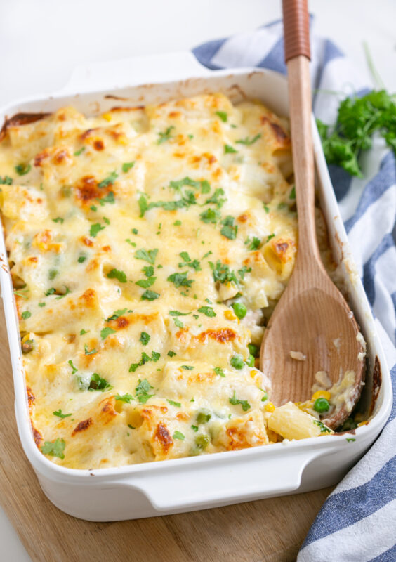 creamy tuna pasta bake in a baking dish ready to be served