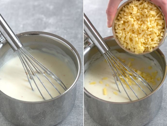 recipe method step 1: collage of two images shows the white sauce in the first picture, and the cheese added into the white sauce in the second picture.