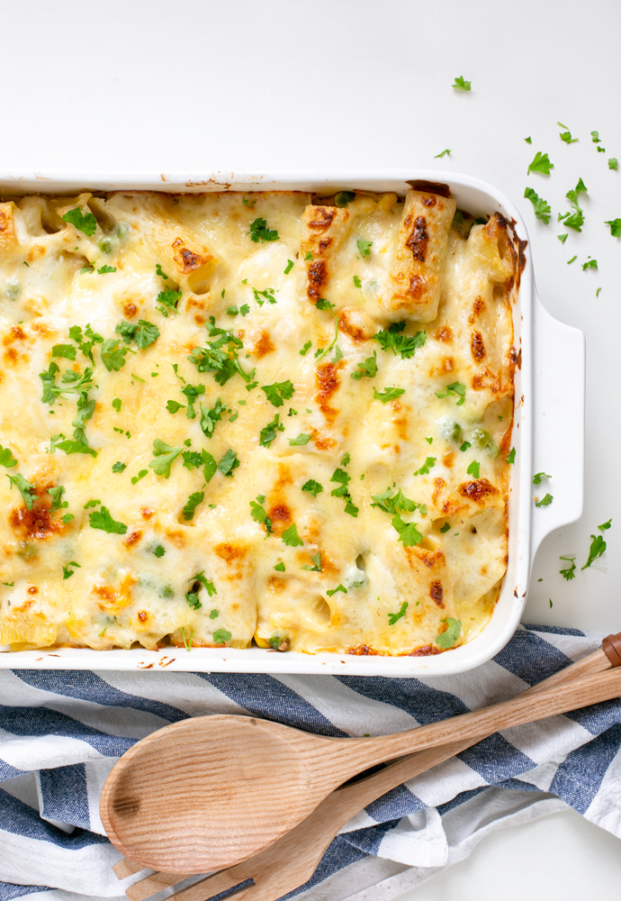 tuna pasta bake topped with chopped parsley.