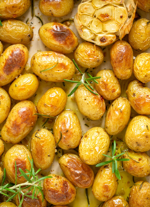 roasted potatoes in a large baking dish