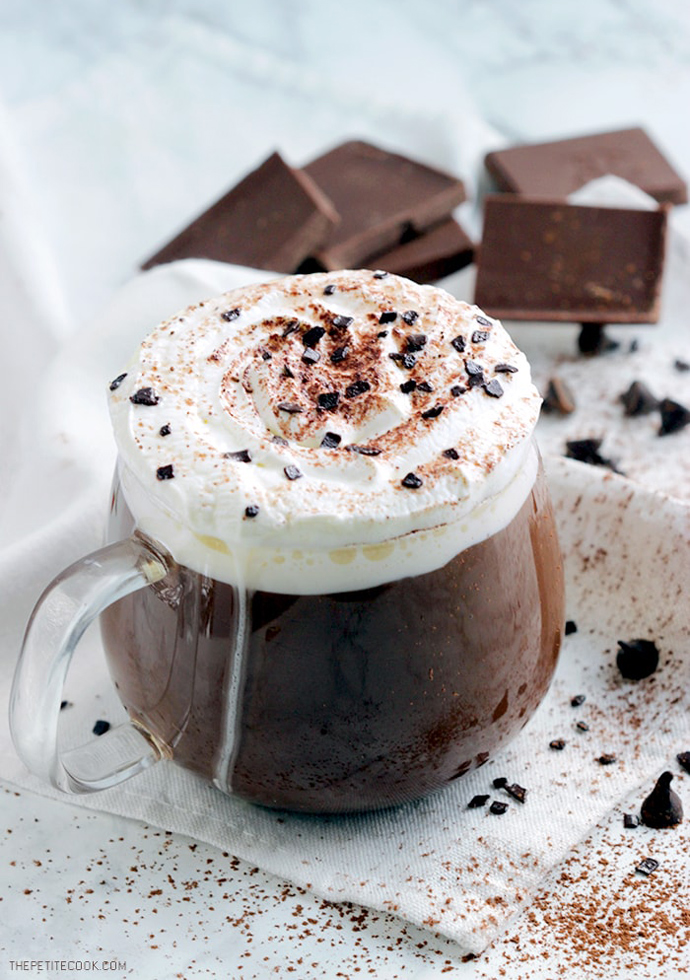 thick italian hot chocolate topped with whipped cream.