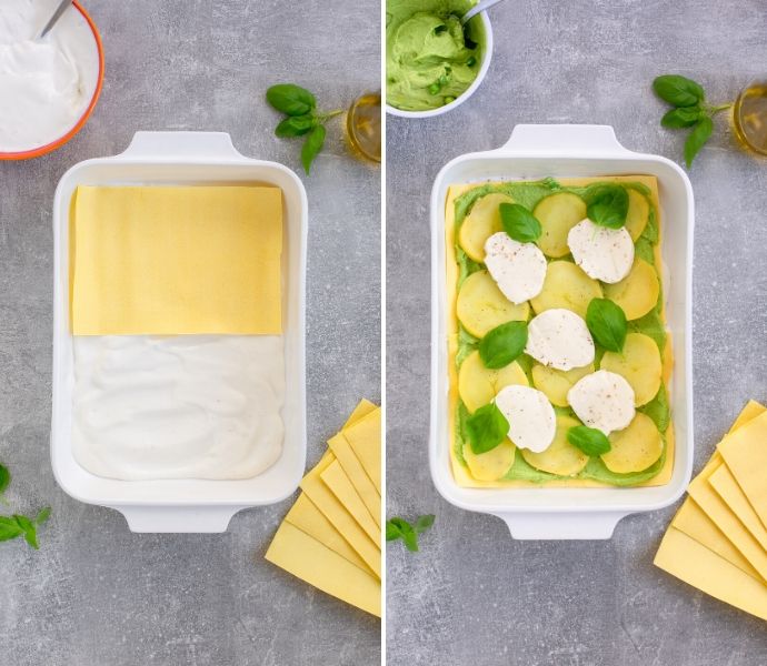 vegetarian lasagna recipe step 1: first images shows white sauce over the bottom of a baking dish topped with lasagna sheet. Second image shows a layer of pea pesto topped with sliced potatoes, mozzarella and basil leaves.