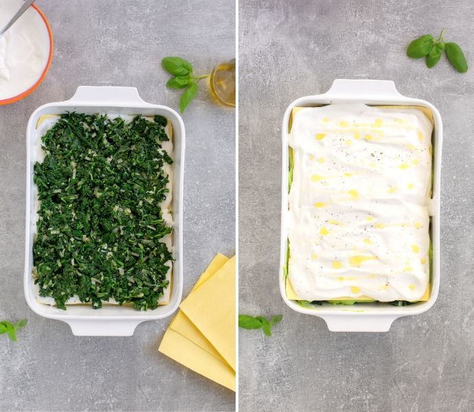 lasgna recipe step 2: first image shows a layer of ricotta white sauce topped with sauteed spinach. Second image shows a final layer of ricotta sauce over pasta noodles