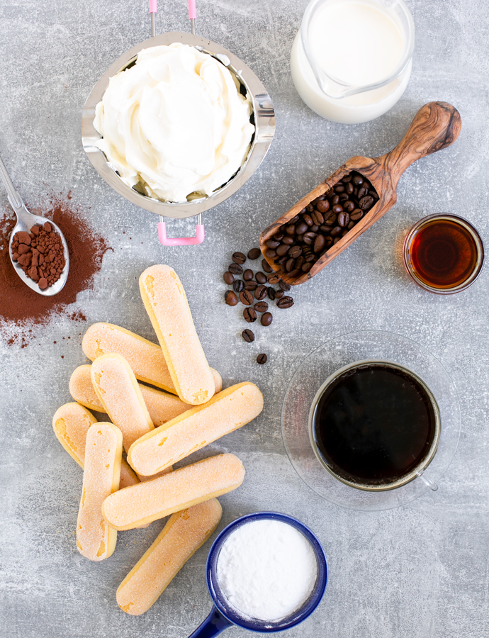 tiramisu ingredients: fresh whipping cream, marsala, espresso coffee, sugar, italian savoiardi or ladyfingers, mascarpone cheese, cocoa powder