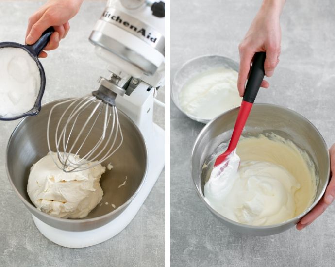 classic tiramisu step 1 collage: first image shows the mascarpone cheese in a mixer bowl, and hand adding sugar into the bowl. Second image shows hand with a spatula slowly incorporating the whipped cream into the mascarpone cream.