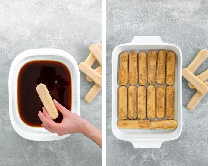 classic tiramisu step 2 collage: first image shows hand dipping a ladyfinger into a baking dish with coffee and liqueur mixture. Second image shows a baking dish covered with soaked ladyfingers