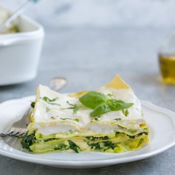 vegetarian lasagna with ricotta white sauce served on a plate