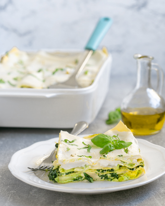 vegetarian lasagna slice on a plate, ready to be served