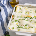 vegetarian lasagna in a baking dish ready to serve