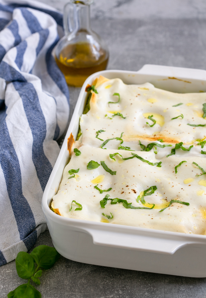 vegetarian lasagna in a baking dish ready to serve