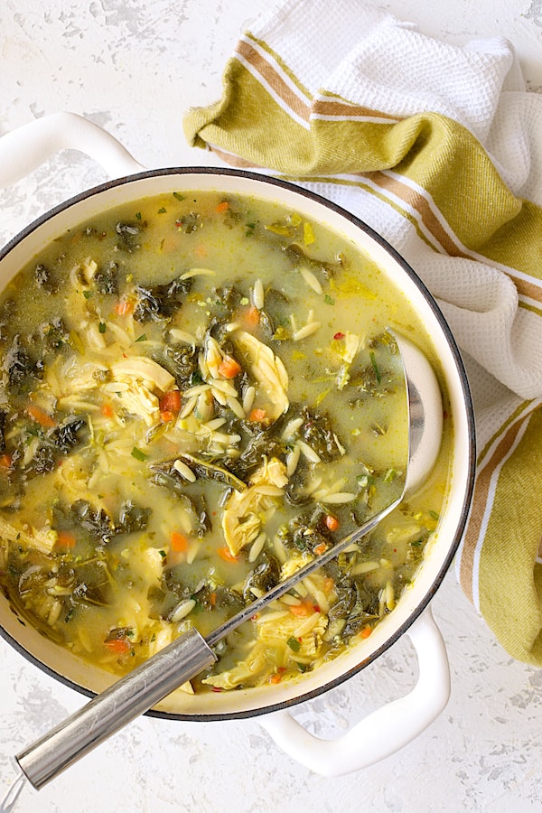 Cold-fighting chicken soup with kale and orzo