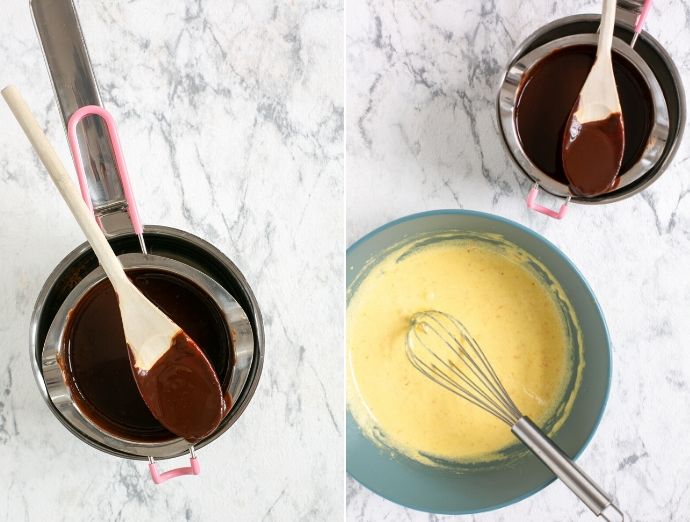 recipe steps 1 and 2: melt the chocolate and butter using a bain-marie, then in a large bowl whip the egg yolks, sugar and orange zest, and add the melted chocolate mixture.
