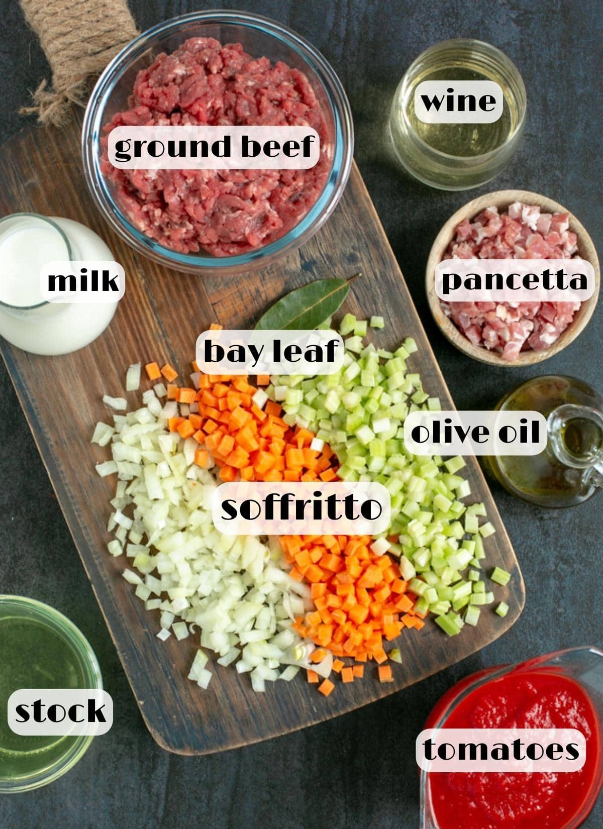 ragu sauce ingredients: ground beef, pancetta, carrot, celery, onion, stock, wine, tomatoes, milk, olive oil.