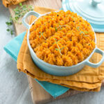 sweet potato chicken cottage pie in a serving pot.