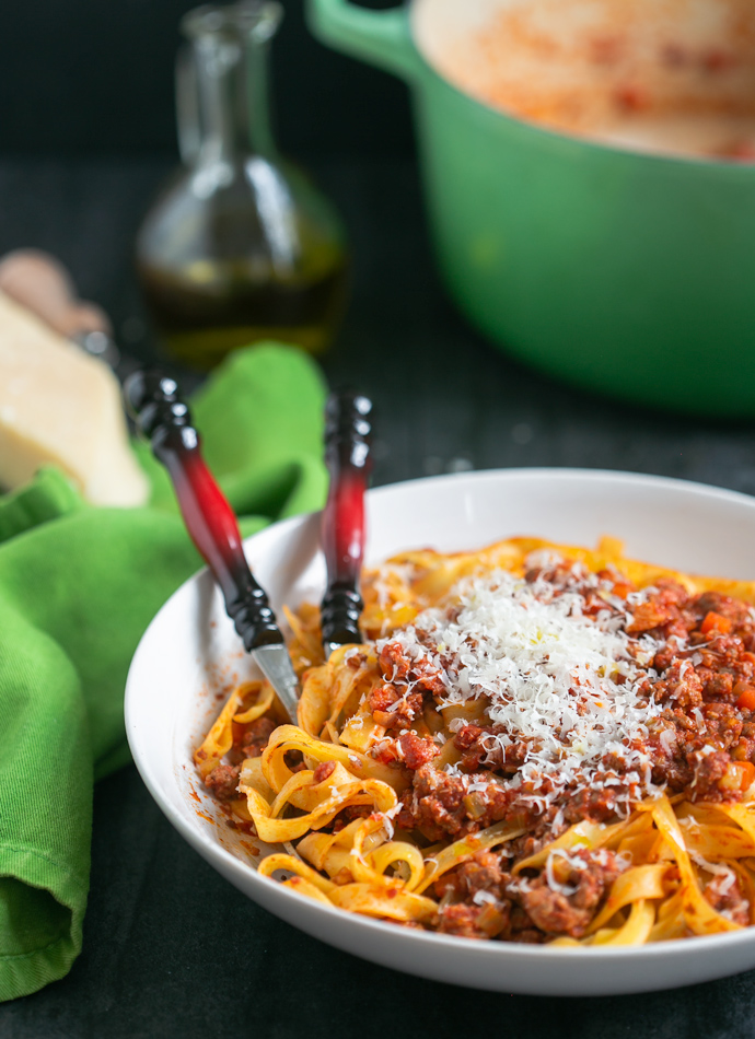 Ragu pasta sauce served with tagliatelle pasta.