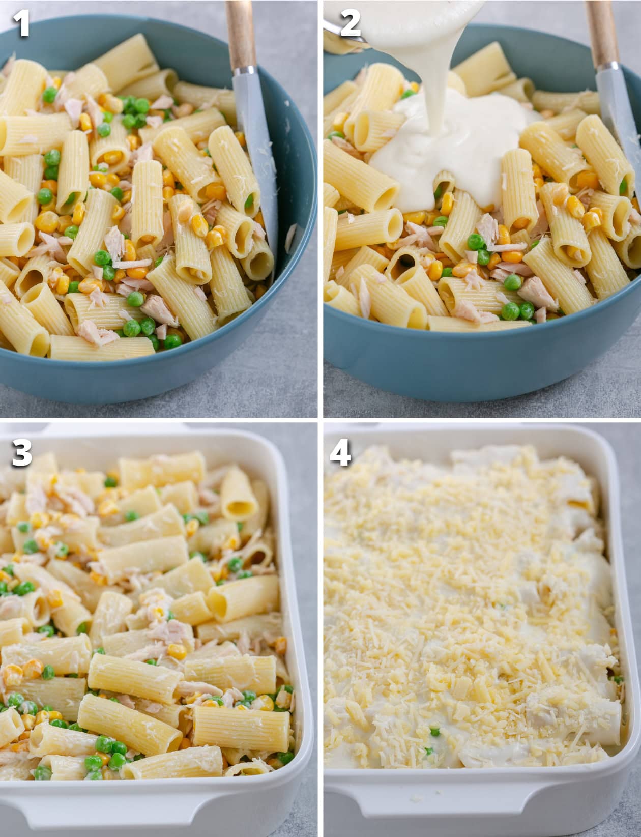 Tuna pasta bake step-by-step collage showing pasta mixture, adding white sauce, pouring into baking dish and topping with cheese.