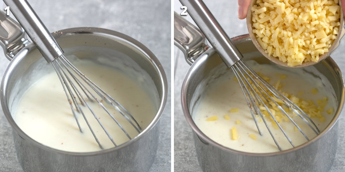 White sauce step-by-step collage, cook milk, butter and flour in a saucepan, then add cheddar and parmesan cheese.
