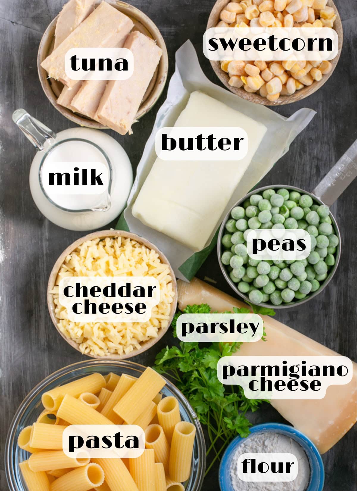 tuna and pasta bake ingredients: tuna, peas, sweetcorn, pasta, parmesan cheese, cheddar cheese, flour, milk, butter.