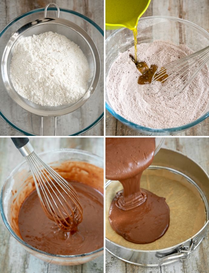 recipe step by step method collage: first image shows flour and baking powder sifted over a bowl, second image shows wet ingredients being poured into dry ones, third image shows whisk mixing the batter, fourth image shows batter poured over a cake pan covered with parchment paper