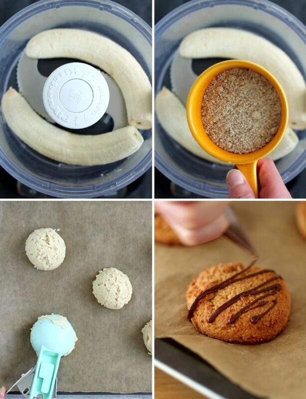 step by step recipe collage: bananas in food processor, almond flour in the food processor, ice cream scooper scooping cookie dough on a baking tray, baked cookies with chocolate drizzled on top