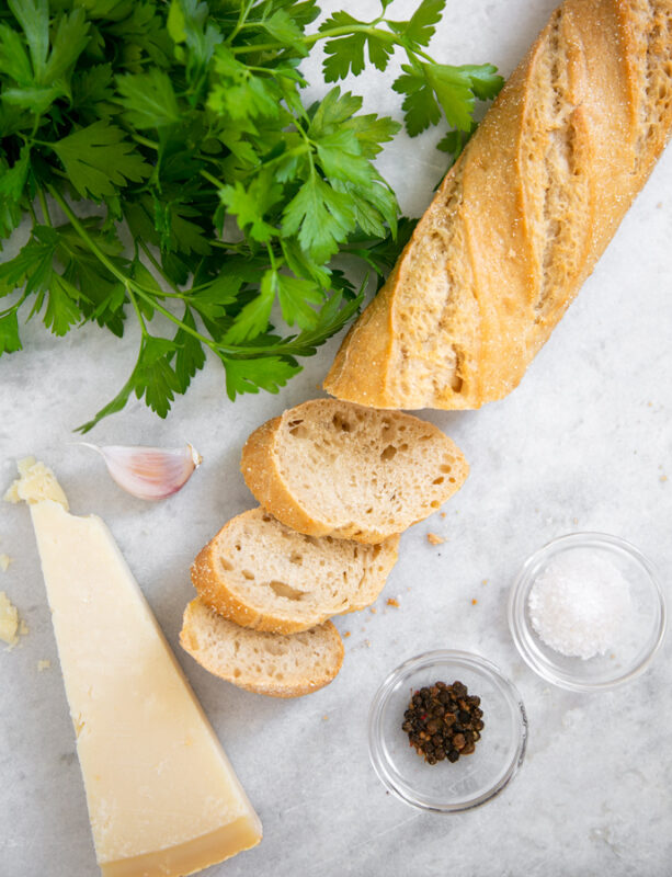 recipe ingredients: bread loaf, salt and pepper, parsley, garlic and parmesan cheese