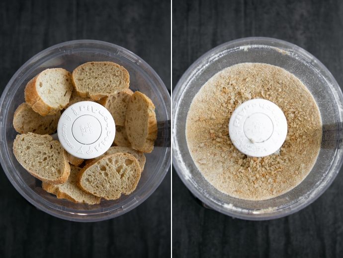 recipe step 2-3: bread slices in a food processor in first image, breadcrumbs in food processor in the second image.