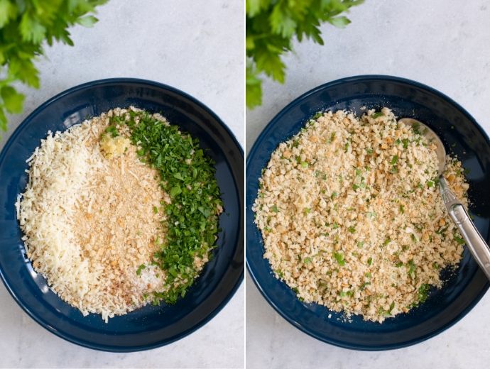 recipe steps 3-4: bowl with breadcrumbs, parmesan cheese, parsley, garlic, salt and pepper in the first image, all the ingredients mixed together in the second image.