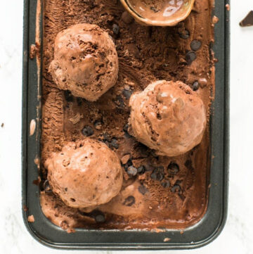 black container filled with chocolate ice cream and three chocolate ice cream balls on top.