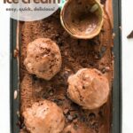 chocolate ice cream in a large container with three balls of ice cream and scoop on top. Image for Pinterest