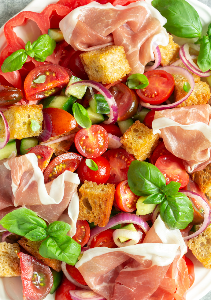 Panzanella salad with parma ham.