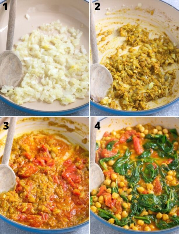 spinach chickpea curry step by step recipe collage: 1 image shows onion garlic ginger mixture sauteed in a pan, 2 image shows the spices added into the pan, 3 image shows tomatoes added in, 4 image shows spinach and chickpeas added into the pan