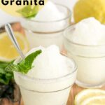 three glasses with lemon granita, topped with mint leaves. Image for Pinterest